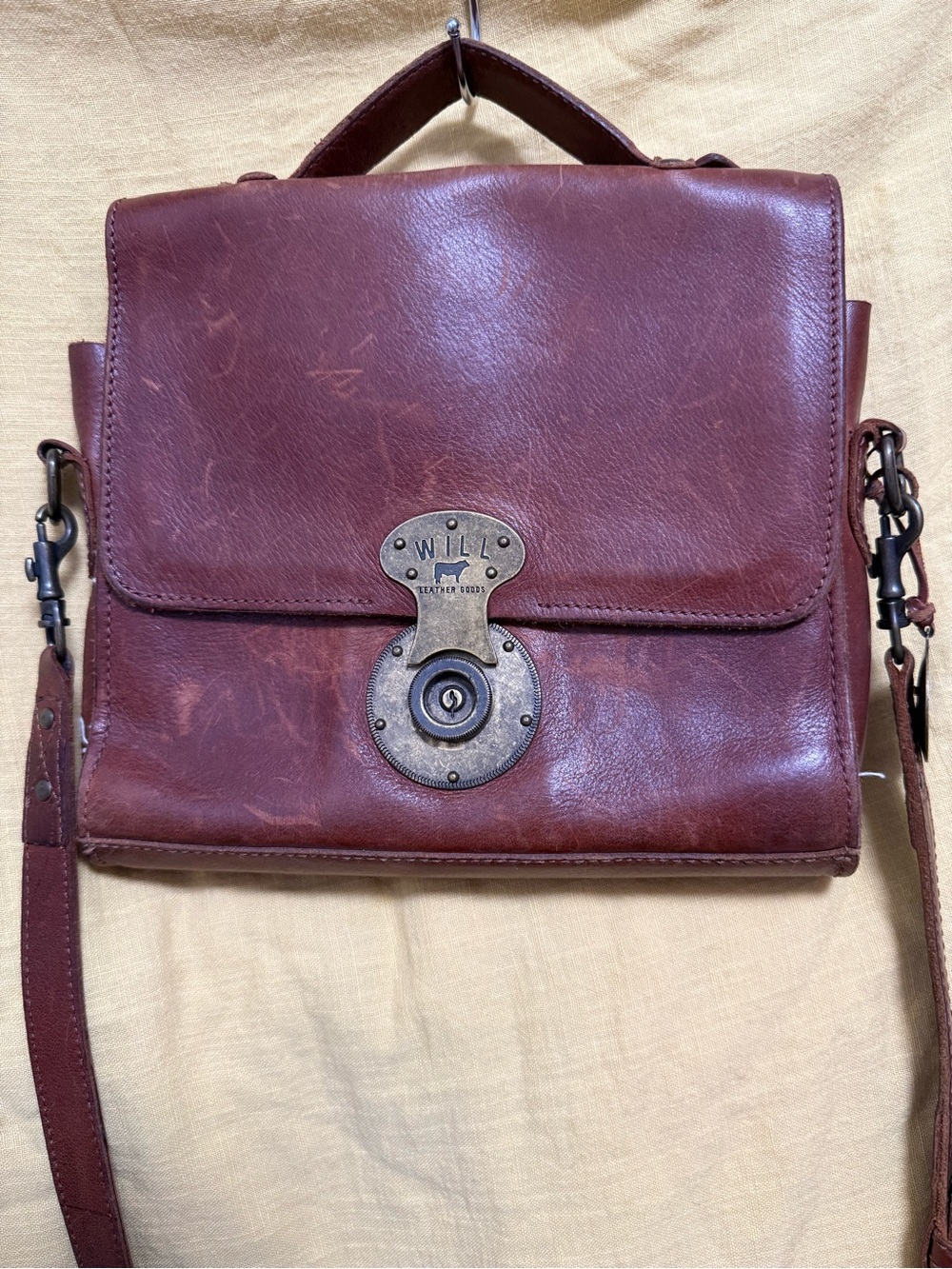 Will Leather Goods Chestnut Leather Messenger with Antique Brass Lock